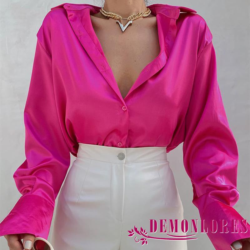 Áo sơ mi tay dài bằng lụa satin mềm màu trơn phối nút thời trang công sở cho nữ
