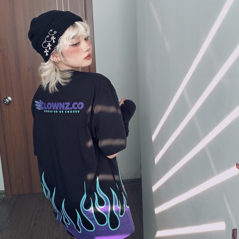 Áo thun tay lỡ local brand Clownz Racing Flames phông cổ tròn form rộng cotton unisex nam nữ