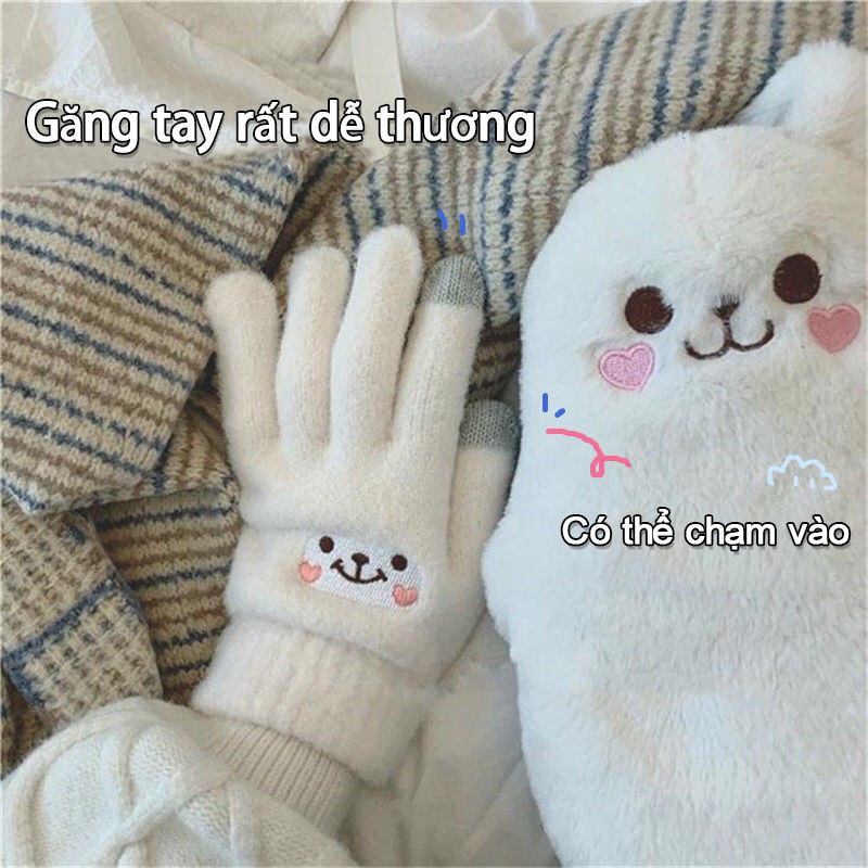 Găng tay sang trọng năm ngón tay ấm áp hình gấu mặt cười