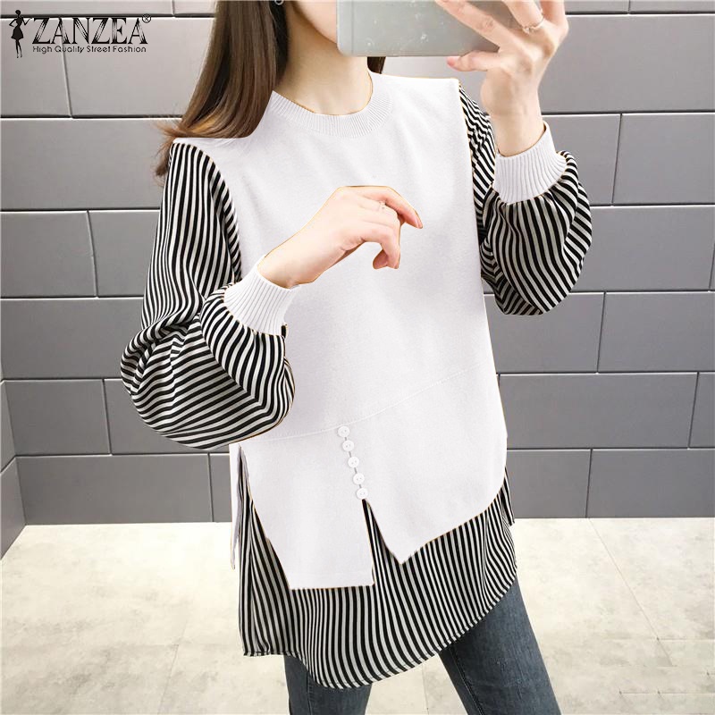 Áo ZANZEA họa tiết kẻ sọc dáng rộng cổ tròn tay áo dài thời trang cho nữ