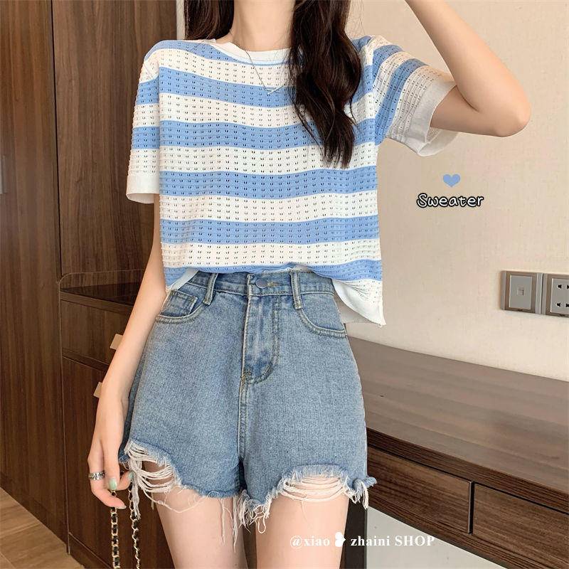 Áo Dệt Kim Ngắn Tay Cổ Tròn Họa Tiết Kẻ Sọc Thời Trang Mùa Hè Hàn Quốc