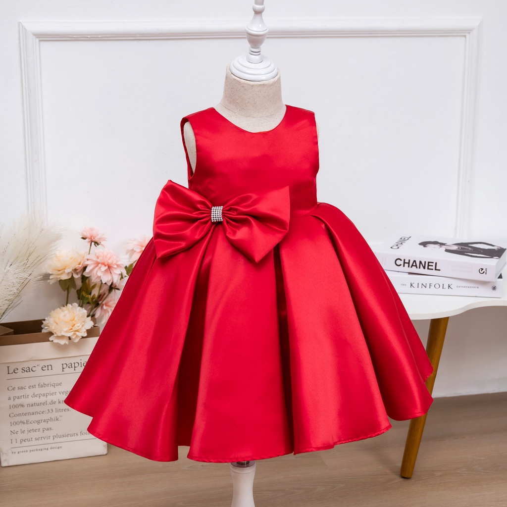 Váy công chúa, đầm công chúa thiết kế cho bé gái từ 1 tuổi đến 10 tuổi màu đỏ may bằng vải satin cao cấp Mom's Choice