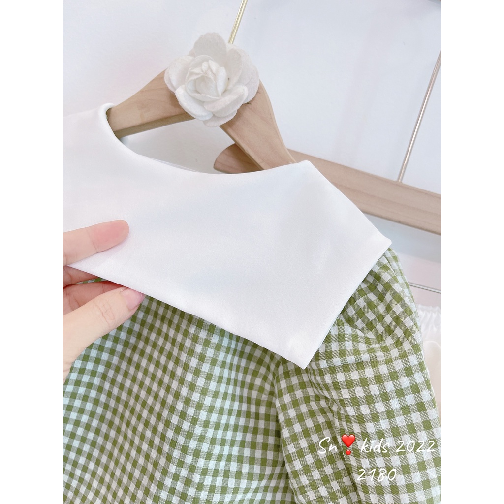 Sét váy vintage cho bé gái, set áo caro xanh 2 hàng cúc kèm chân váy xòe trắng cho bé size 12-35kg
