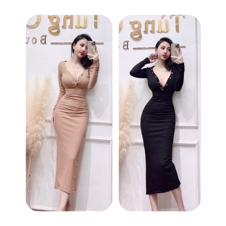 Váy đầm body nữ cổ tim dài tay xẻ sau ôm sát nút thật chens fashion siêu xinh