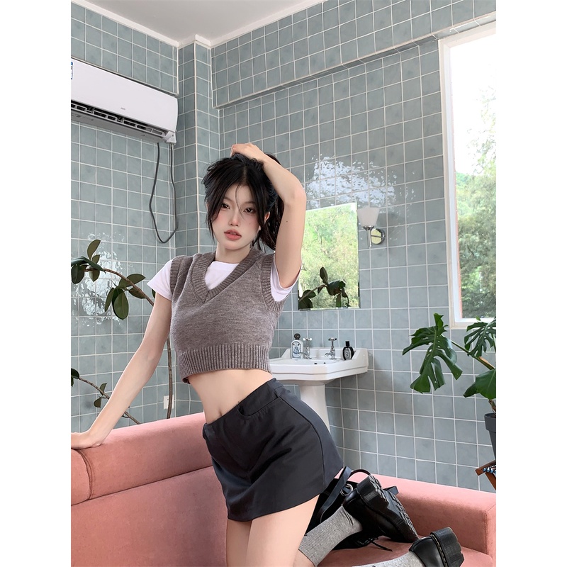 Xiaozhainv Áo crop top Dệt Kim Cổ Chữ V Phong Cách Hàn Quốc Có 3 Màu Lựa Chọn