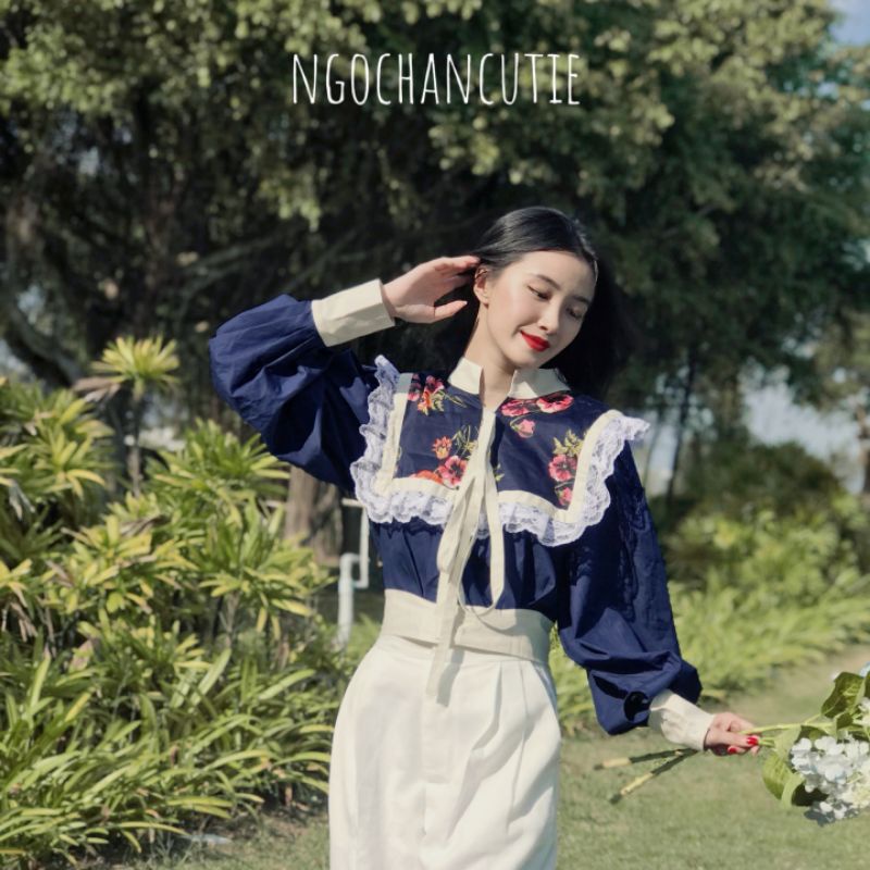 Áo croptop KANAYO tay dài xanh đậm cổ điển thanh lịch vintage Ngochancutie