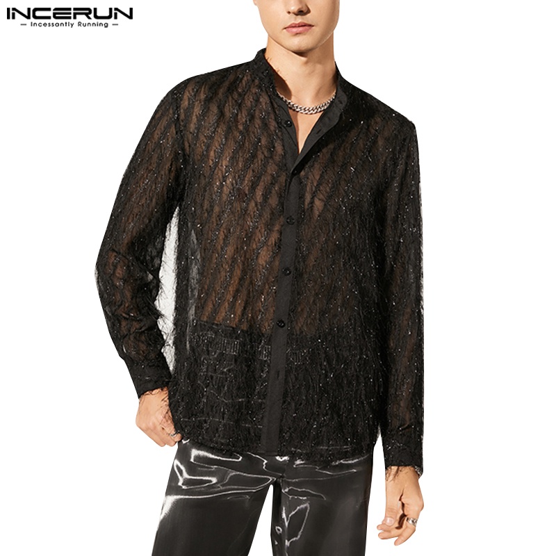Áo sơ mi INCERUN tay dài nhìn xuyên qua cài nút họa tiết sọc caro thời trang dành cho nam