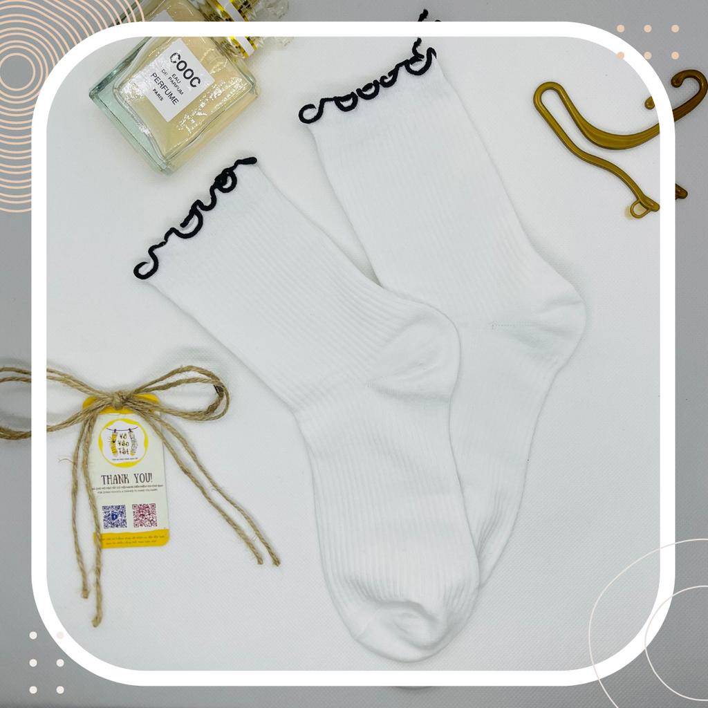 VỚ TẤT NỮ CỔ CAO TRUNG TRẮNG VIỀN BÈO NHÚN ĐEN