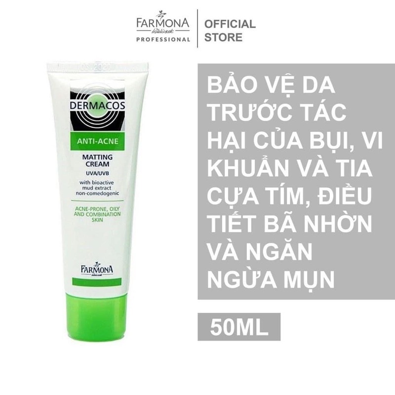 Dermacos Kem Giảm Bóng Nhờn, Giảm Mụn Farmona Dermacos Anti Acne Matting Cream 50ml - Chứa Bùn Hoạt Tính