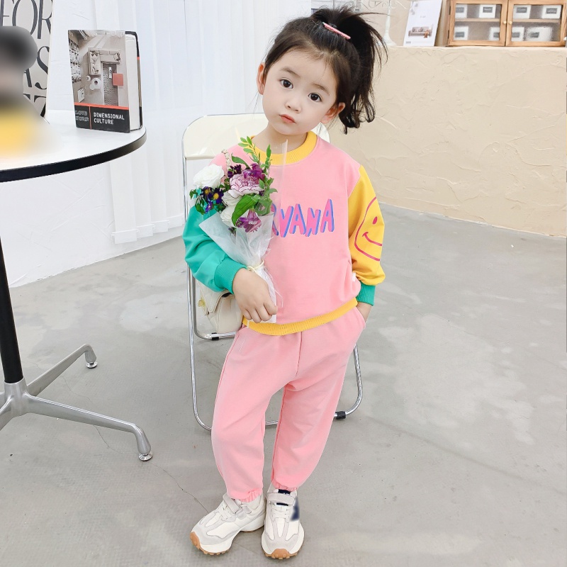 Bộ Đồ Thể Thao Hai Mảnh Áo Sweater Tay Dài In Hình Mặt Cười Màu Sắc Thời Trang Hàn Quốc Dành Cho Bé Gái