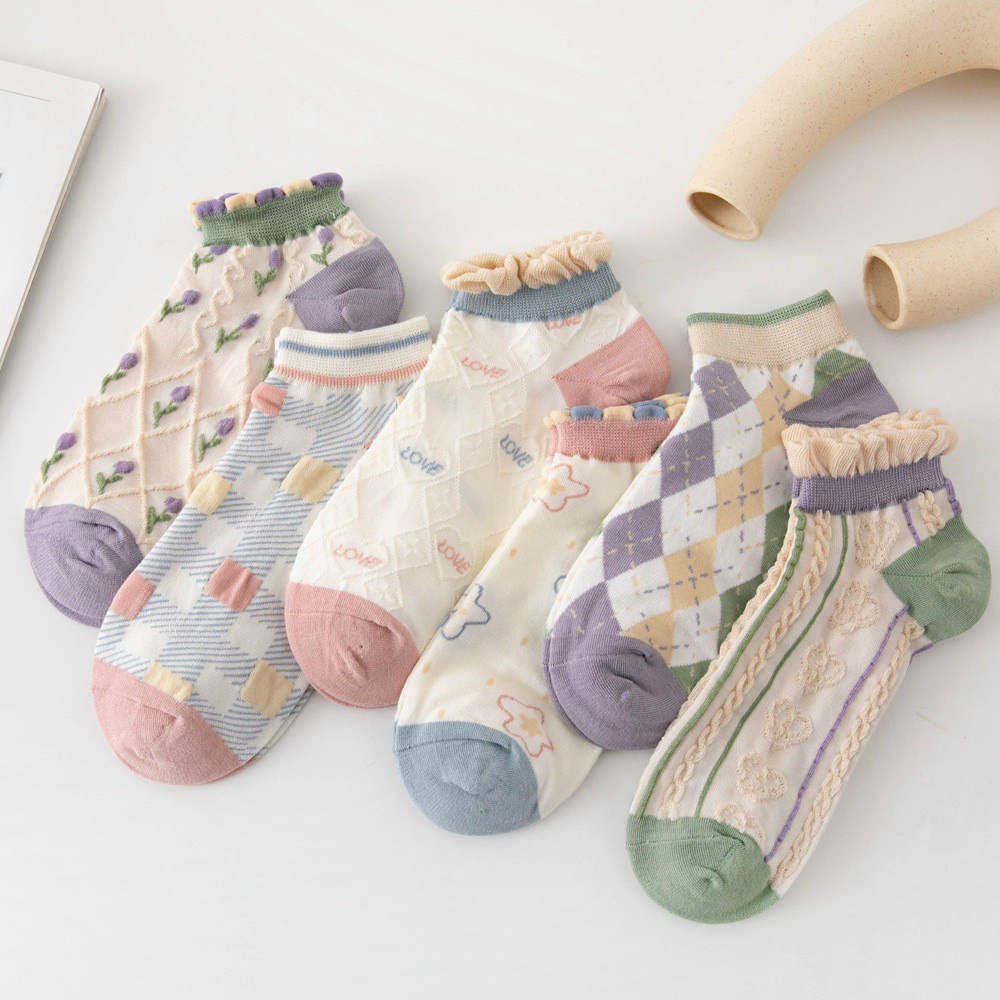 Set 5 Đôi Tất Nữ Cotton Hoạ tiết Thổ Cẩm Cổ Bèo.