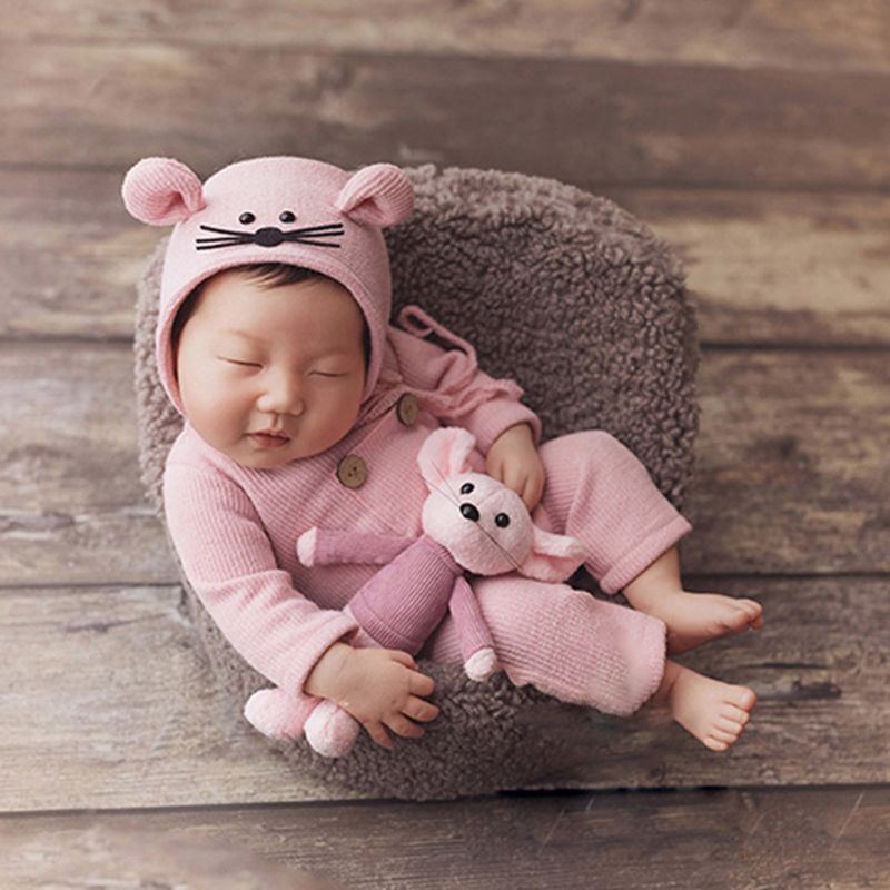 Bộ 3 Món Đồ Liền Thân Cotton Dệt Kim Kèm Búp Bê Hình Chú Chuột Dễ Thương Dùng Làm Đạo Cụ Chụp Ảnh Cho Bé Sơ Sinh