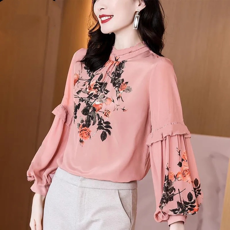 Áo Sơ Mi Lụa Mỏng Tay Phồng In Họa Tiết Hoa Dễ Phối Đồ Dành Cho Nữ