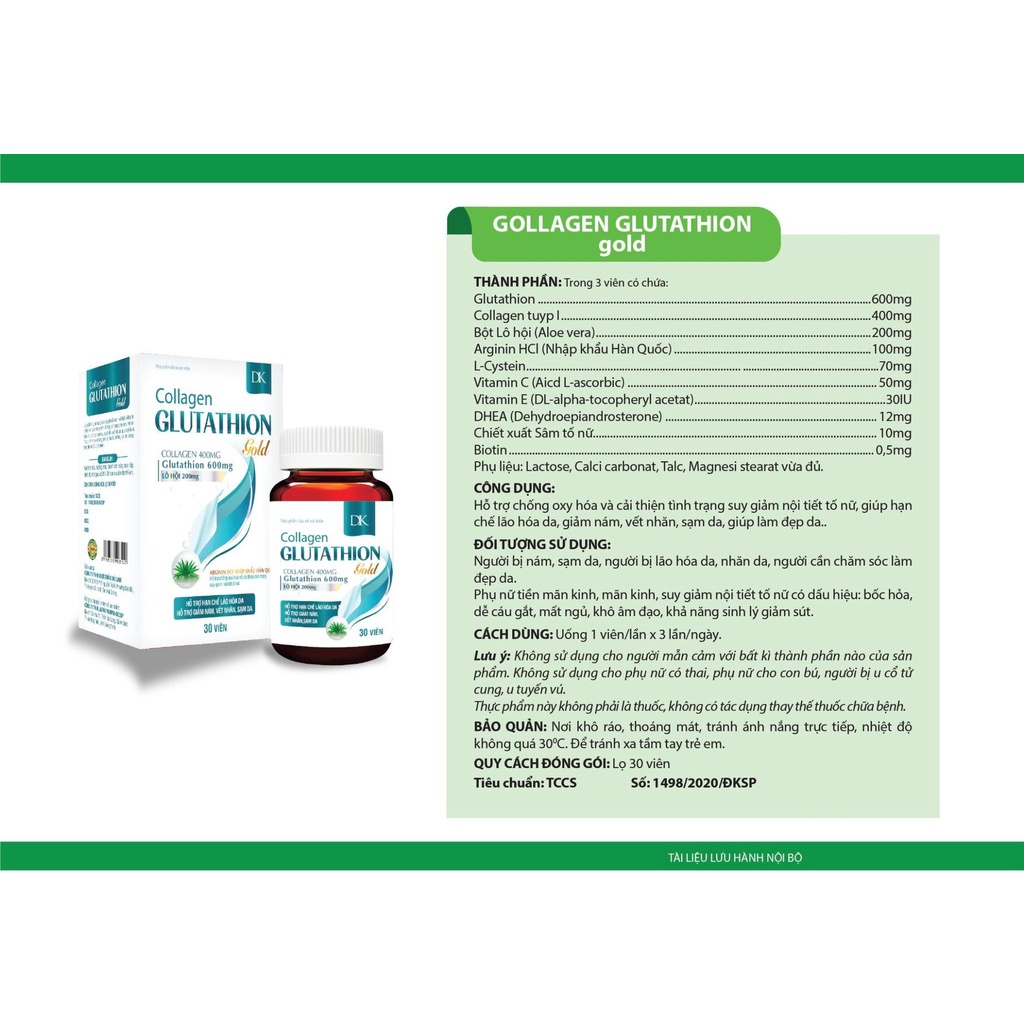 Viên uống trắng da GLUTATHIONE 600 - COLLAGEN GLUTATHION GOLD_Hộp 30 viên giúp làm đẹp da ,hết nám tàn nhang
