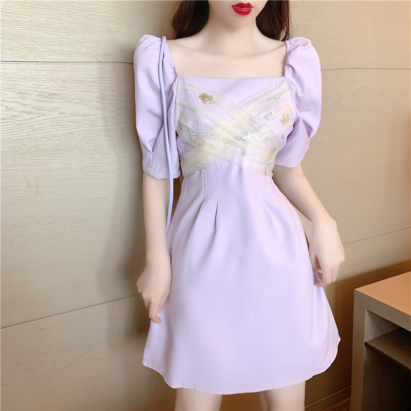 Phong Cách Hàn Quốc A Line Dress Mesh Stitching Design Summer Square Collar Puff Sleeve Women