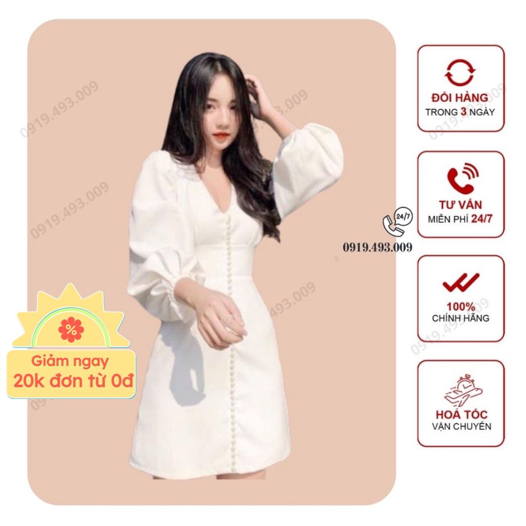Đầm dự tiệc trắng tay phồng dạo phố xinh xắn cổ V đính chuỗi