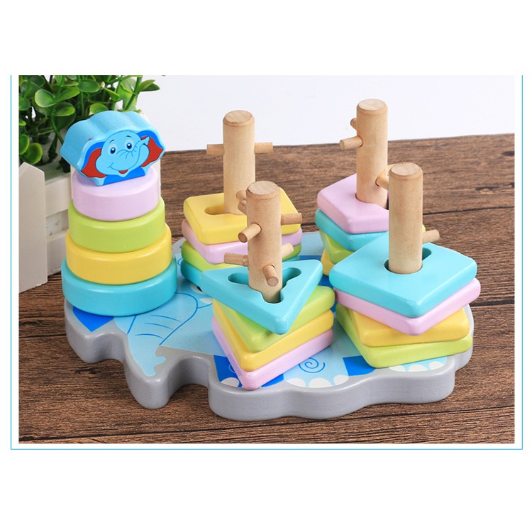 Đồ Chơi Montessori Bộ Thả Hình Khối 5 Cọc Zic Zac Hình Con Voi [Thông Minh]