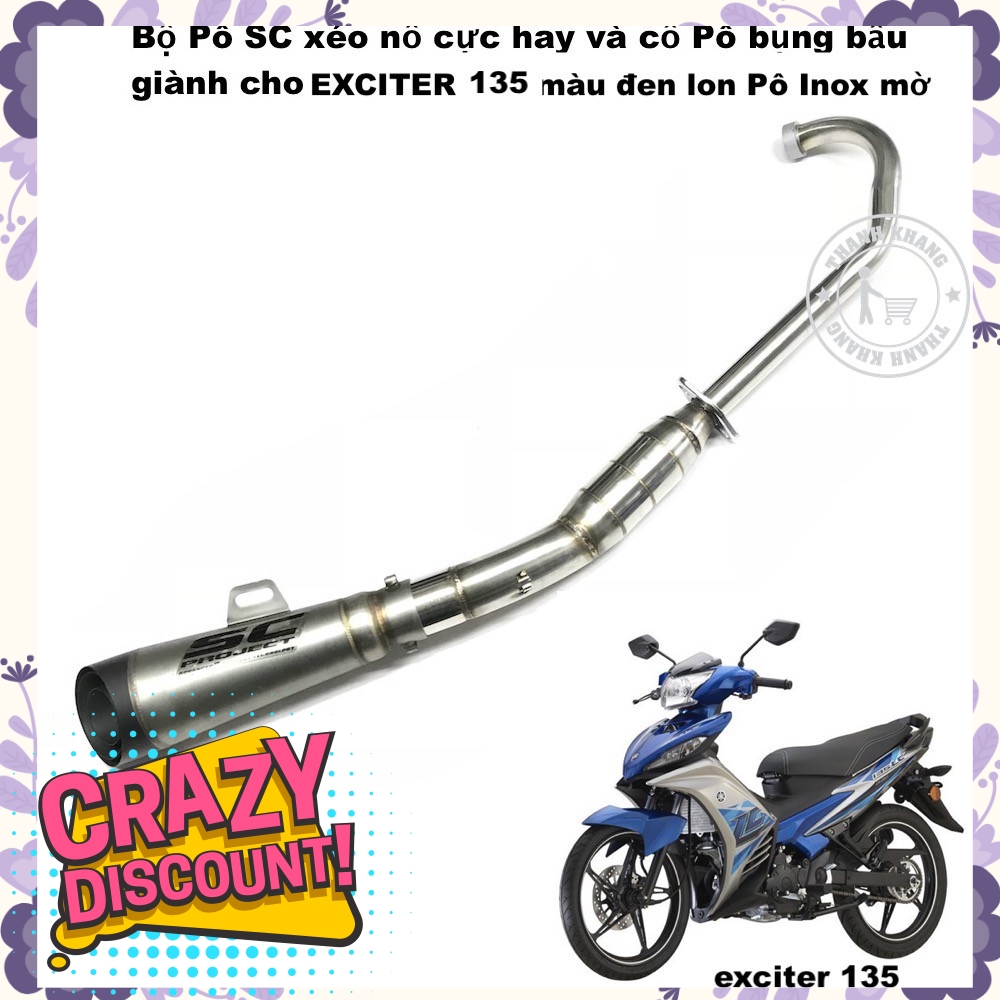 Bộ pô SC xéo nổ cực hay và cổ pô bụng bầu dành cho exciter 135 màu đen lon pô inox mờ thanh khang 006001322 006001310