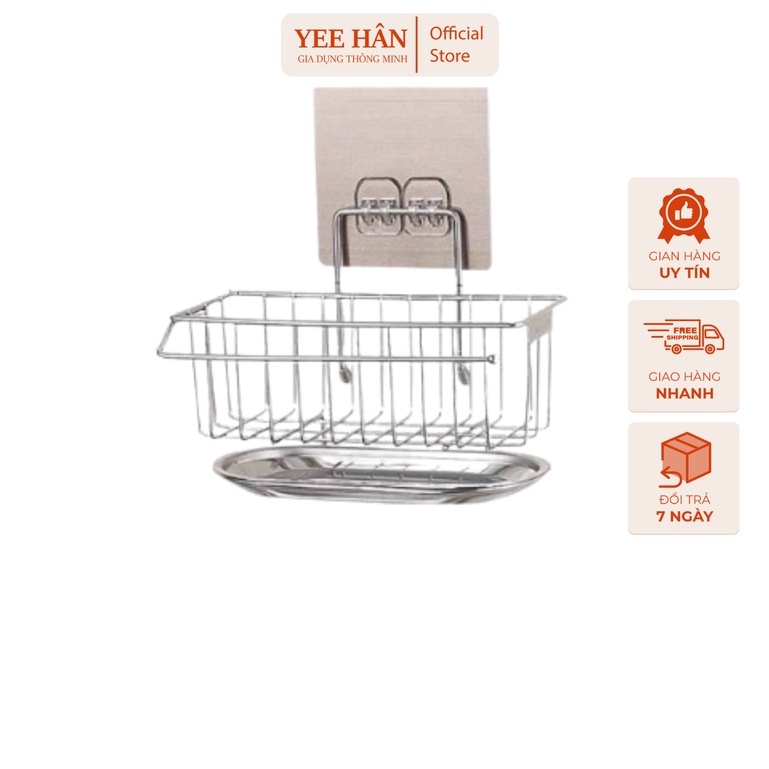 Kệ inox để đồ rửa chén bát có khay hứng cao cấp, giỏ rửa bát dán tường