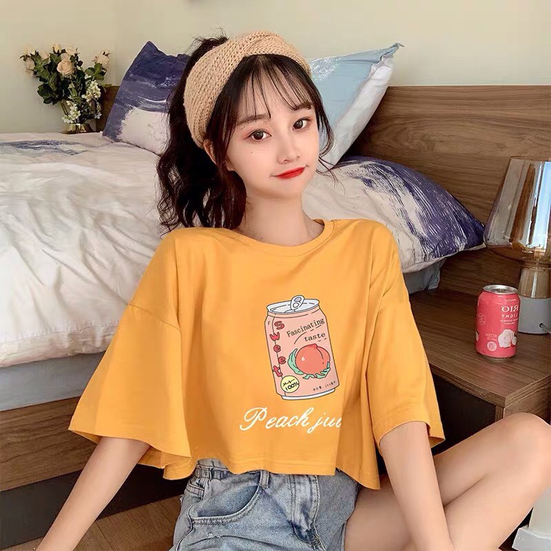 [Mã FAMAYWA giảm 10K đơn 50K] [Có ảnh thật] Áo croptop tay lỡ form rộng in Peach Juice | BigBuy360 - bigbuy360.vn