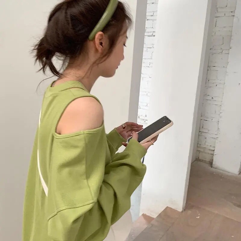 COZOK Áo len tay dài trễ vai dáng rộng phong cách Hàn Quốc