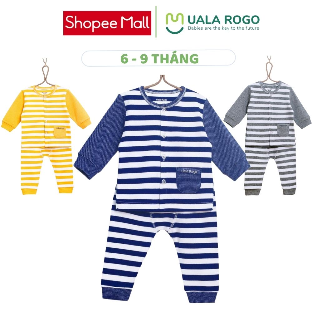 Quần áo sơ sinh Ualarogo bé trai bé gái 0-9 tháng dài tay cúc giữa kẻ ngang to vải Cotton 3884