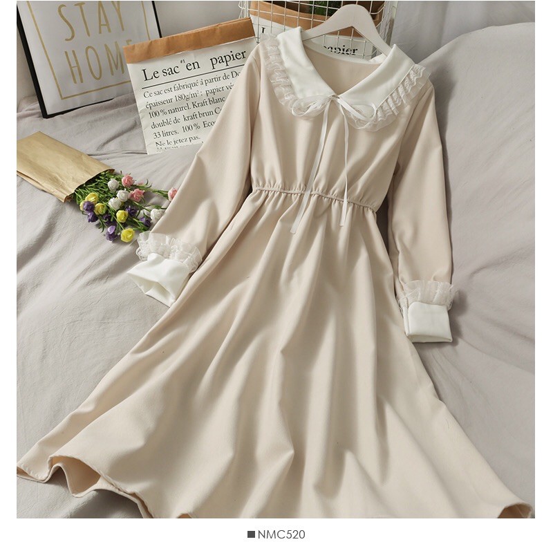 Váy vintage cổ ren bánh bèo thắt nơ. Đầm nhung đỏ ulzzang lolita
