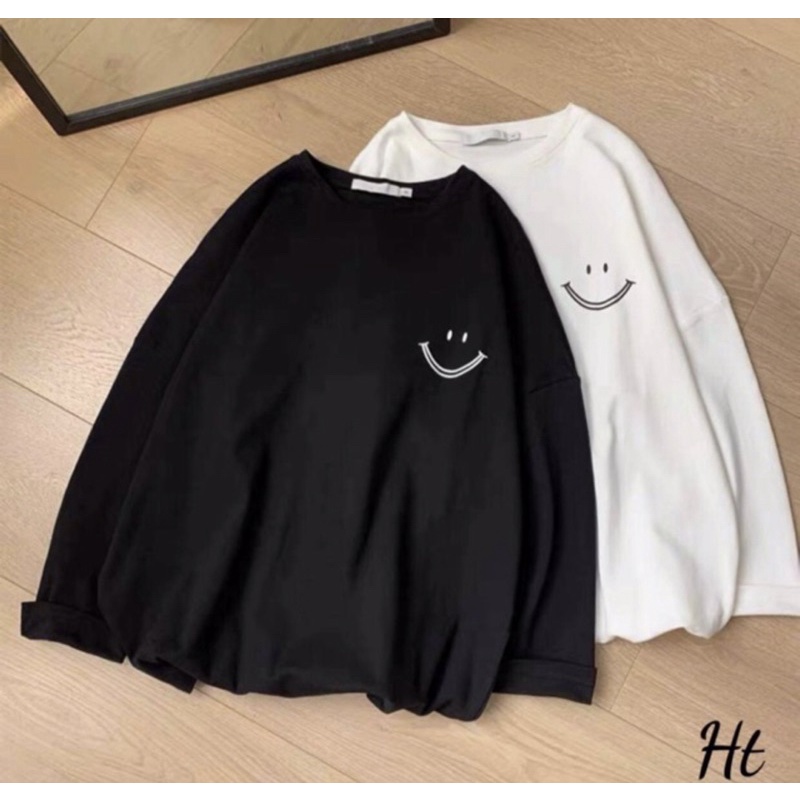 Áo Thun Dài Tay Cổ Tròn Họa Tiết Hình Mặt Cười Phong Cách Trẻ Trung Thời Trang Minishop Unisex Nam Nữ