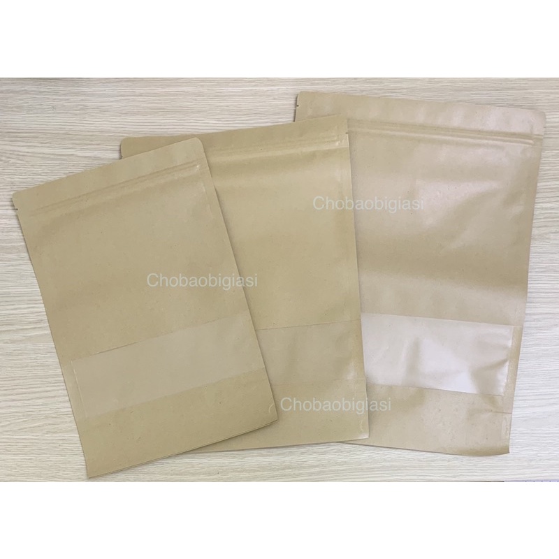 {1kg/ size} Túi zipper giấy Kraft Vàng đáy đứng cửa sổ tràn có CÁN MÀNG - CHỐNG THẤM NƯỚC (có sẵn 12 size - sp y hình)