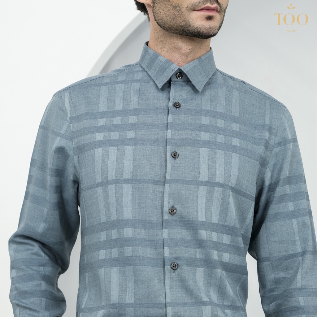 Áo sơ mi nam dài tay TQQ dáng Slimfit công sở chất liệu Cotton cao cấp có co dãn K414CS-CSB màu xanh rêu dệt kẻ chìm