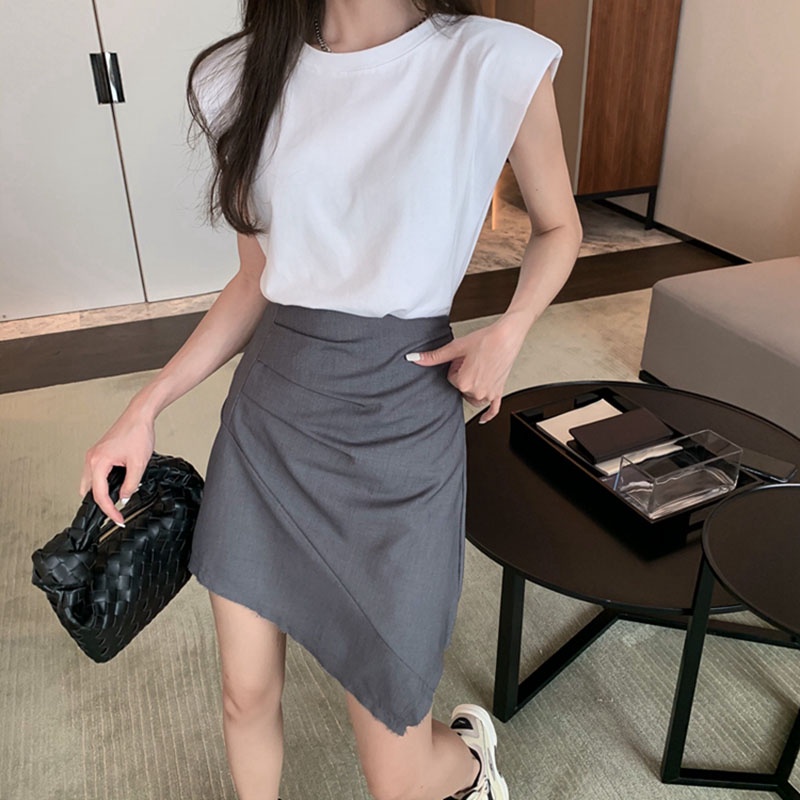 Set Áo Cotton Cao Cấp Không Tay Độn Vai Chân Váy Vạt Chéo Nhún Cạp Thời Trang Sugal TOP NU 033 + CV NU 010