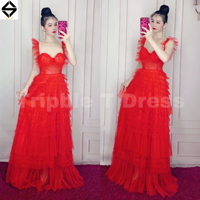 Đầm xoè dáng midi TRIPBLE T DRESS 2 dây nhún phồng xếp tầng - Size M/L - MS172V