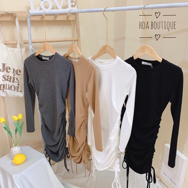 Đầm len tăm body tay dài rút dây hai bên phong cách sang chảnh