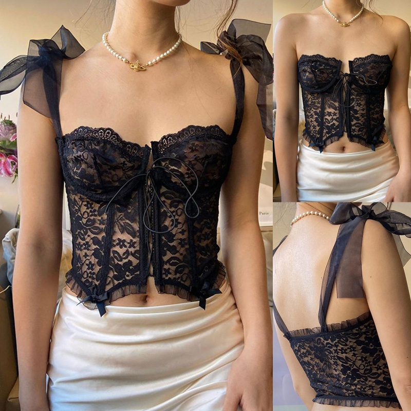 Áo Croptop Không Tay Phối Ren Xuyên Thấu Gợi Cảm Dành Cho Nữ