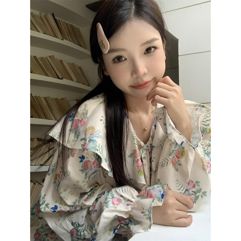 Áo Sơ Mi Tay Dài Cổ Búp Bê Viền Bèo Nhún Dáng Rộng Kiểu Hàn Quốc Thời Trang Cho Tuổi Trung Niên