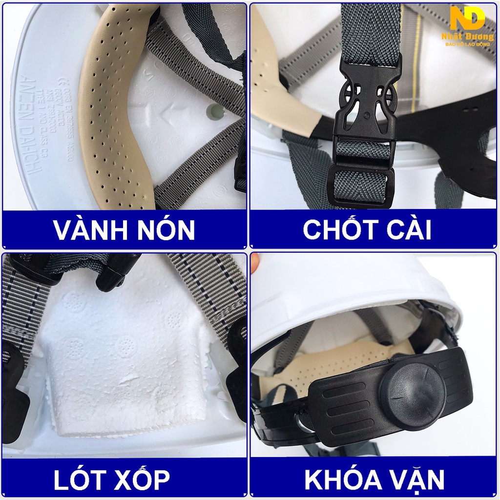 Mũ bảo hộ lao động khóa vặn màu trắng có lót xốp N08, Nón bảo hộ lao động Nhật Dương màu trắng cam vàng xanh đỏ