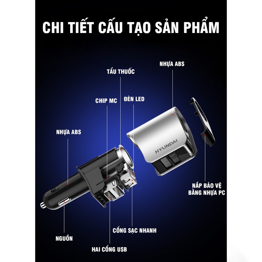 Tẩu Sạc ô tô, xe hơi Hyundai HY-10 gồm 1 Tẩu Tròn (3 USB Nhỏ) - Có đèn led báo điện áp Ác Quy