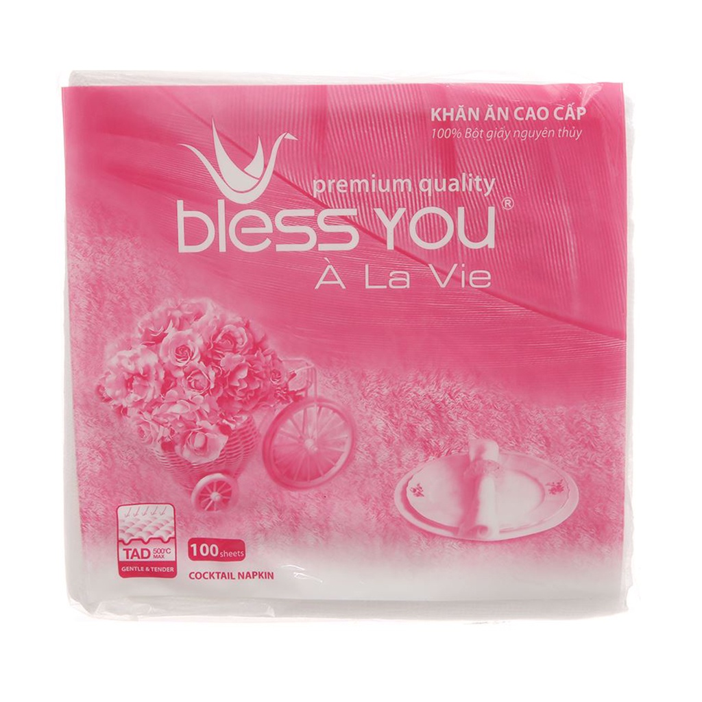 Khăn Giấy Ăn Bless You 1 Lớp Cao Cấp Gói 100 Tờ 33x33cm