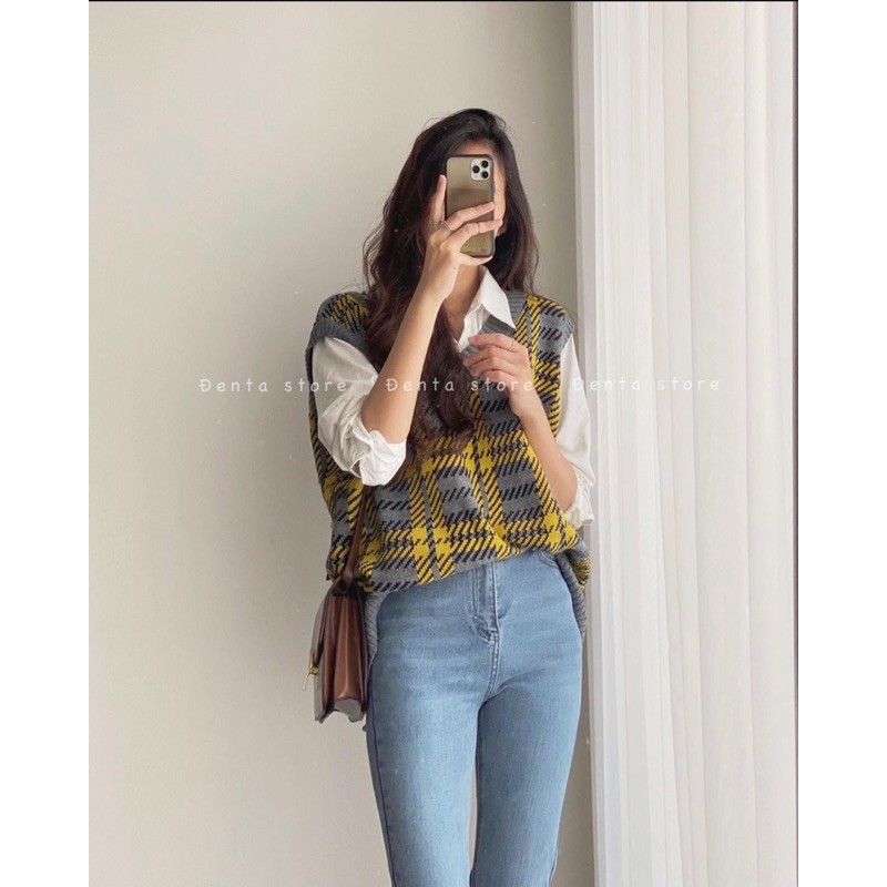 Áo gile len kẻ caro di chéo dáng rộng Oversize-110AG2- Đenta shop | BigBuy360 - bigbuy360.vn