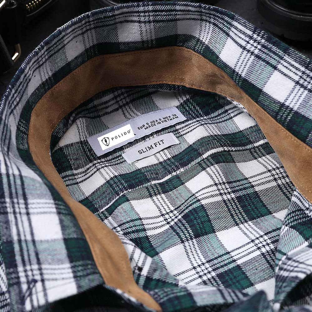 Áo Sơ Mi Nam Kẻ Caro POLIDO Phối Túi Da Ngực Màu Xanh Navy Chất Dạ Chống Xù | BigBuy360 - bigbuy360.vn