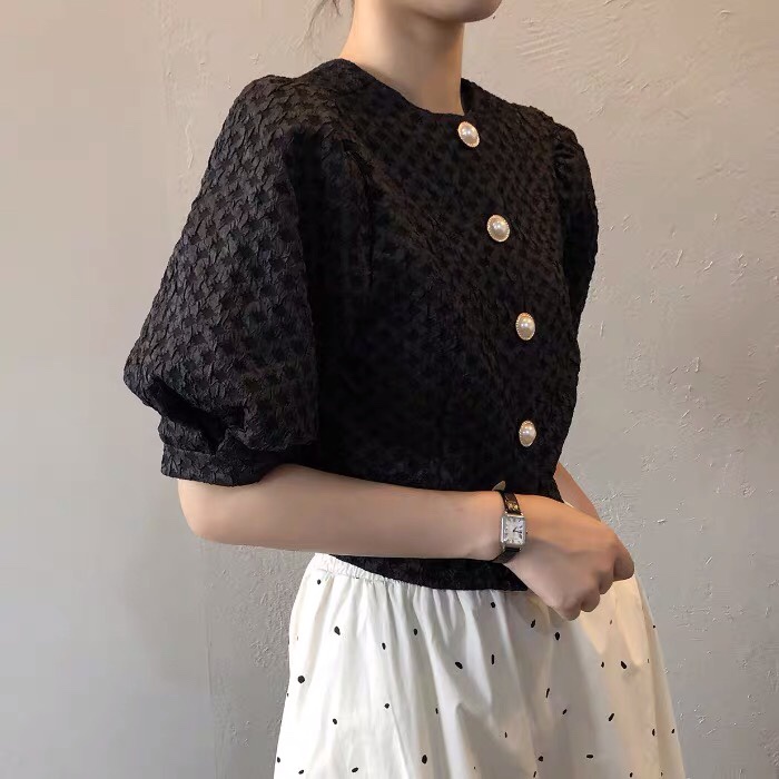 Áo sơ mi SUXI tay phồng ngắn dáng rộng phong cách Hàn Quốc thời trang mùa hè cho nữ