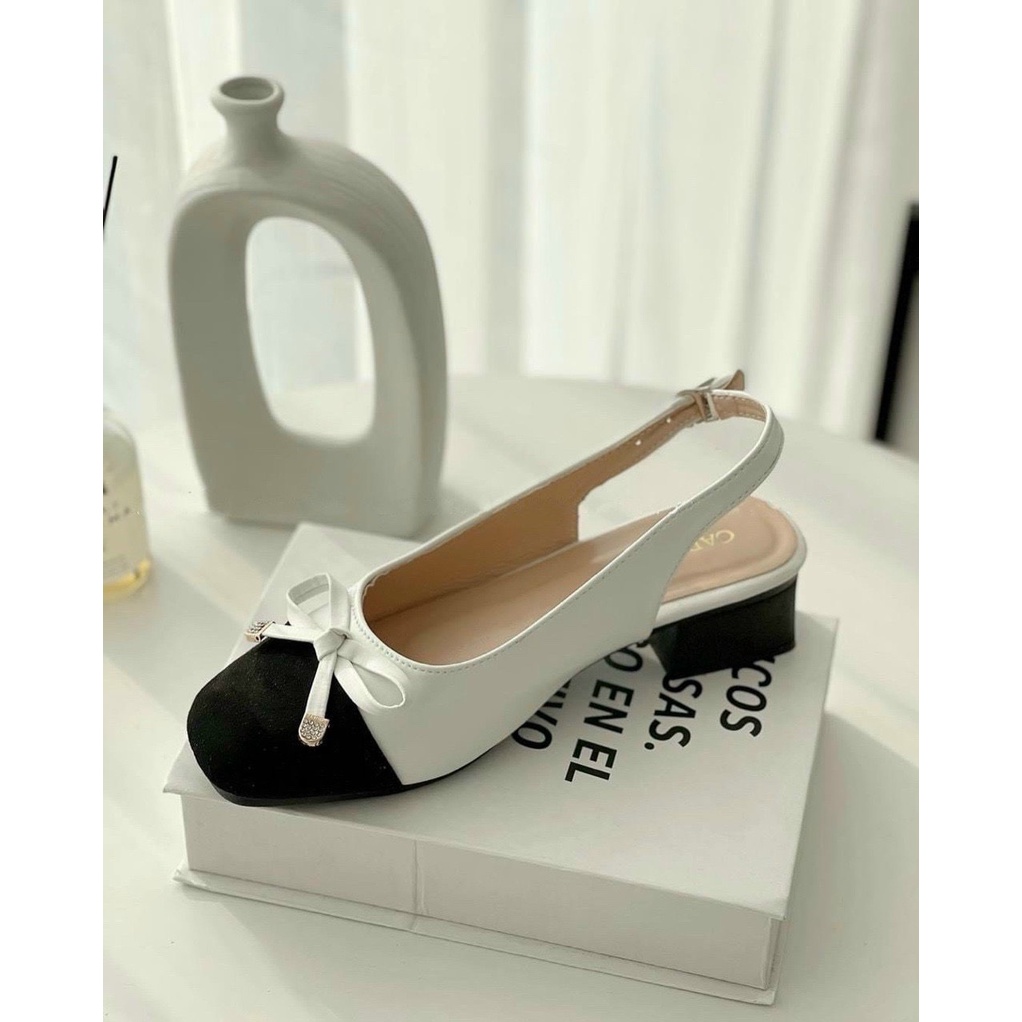 Sandal bít mũi vuông nơ chuông dẹp gót trụ thấp - 3P
