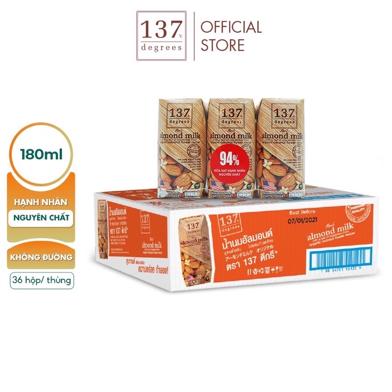 Thùng Sữa Hạt Hạnh Nhân Nguyên Chất 137 Degrees 180ml - Thùng 36H