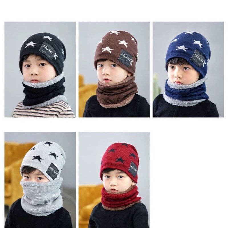Mũ Len Kèm Khăn Lót Lông Hoạ Tiết Ngôi Sao Siêu Ấm Cho Bé