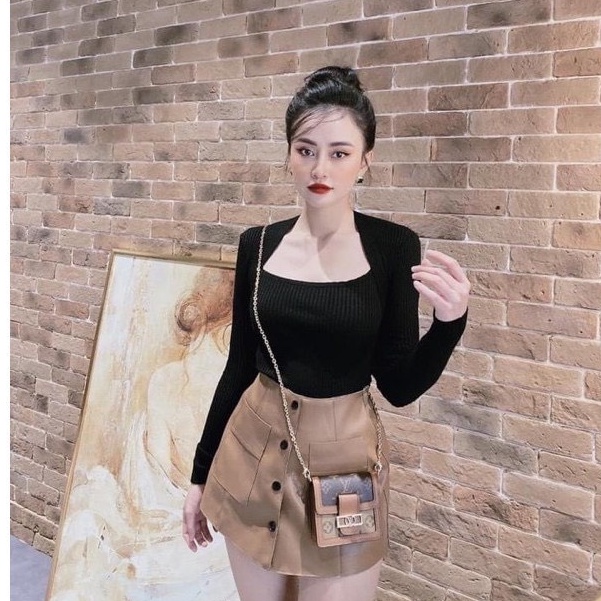 Áo Cổ vuông thun gân nữ tay dài ,áo kiểu nữ dáng ôm Hàn Quốc