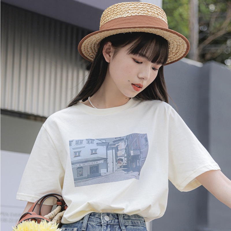 Áo Thun Ngắn Tay Cổ Tròn Dáng Rộng In Họa Tiết Đơn Giản Theo Phong Cách Hàn Quốc