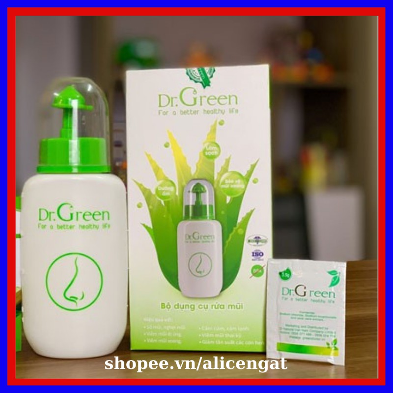 Bình rửa mũi Dr Green 240ml - Tặng kèm 10 gói muối biển nha đam - dùng cho cả người lớn và trẻ em