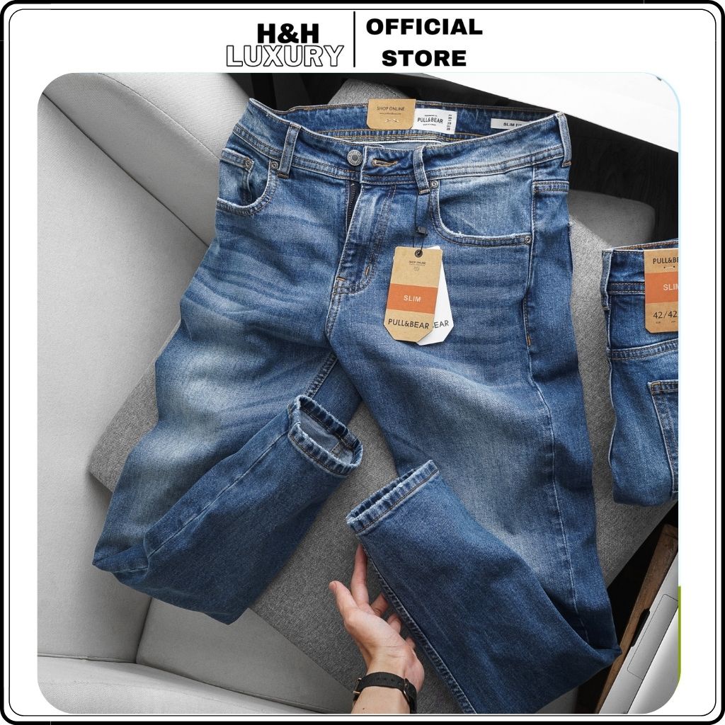 Quần jean nam, quần bò nam đẹp Pull & Bear xanh co giãn 4 chiều xuất dư- H&H LUXURY
