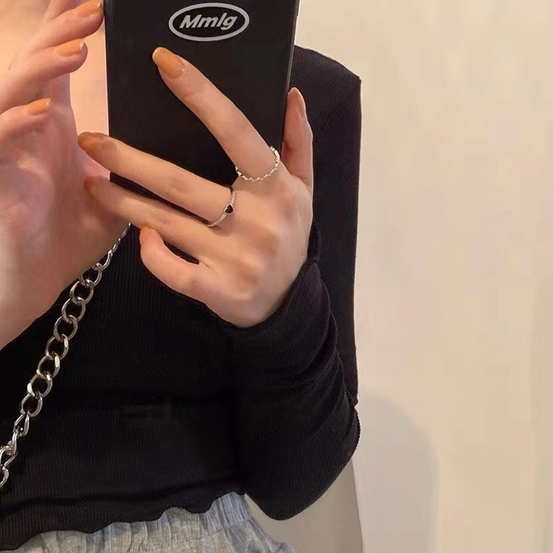 Nhẫn đính đá zircon hình trái tim màu đen đơn giản thời trang nữ tính