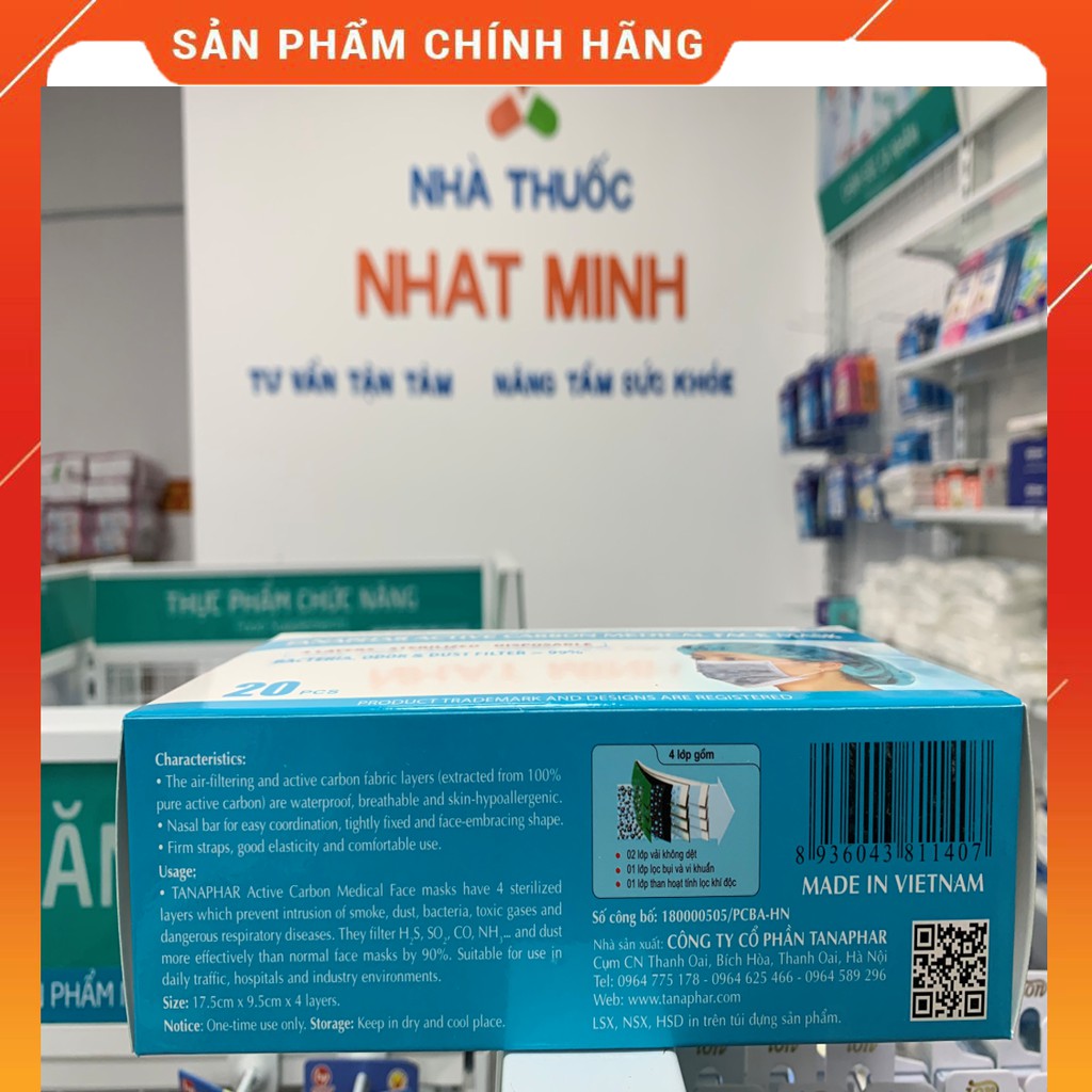 Khẩu Trang Y Tế 4 Lớp TANAPHAR  Than Hoạt Tính Đã Tiệt Trùng, Hộp 20 Cái, Chống Khí Độc, Kháng Khuẩn, Lây Nhiễm, Bụi